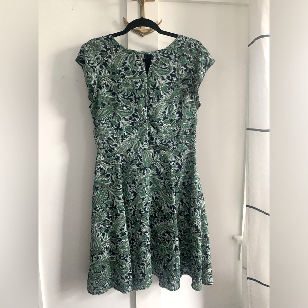 Banana Republic Elegant Green & Navy Blue Paisley Dress Sz 8 Keyhole SS